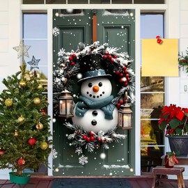 Tomhong Christmas Door Cover Banner Snowman Wreath Lanterns 71x35 Inch Holiday Door Sign for Front Door Winter Berry Door Cover for Xmas Party Home Porch Outdoor Decor
