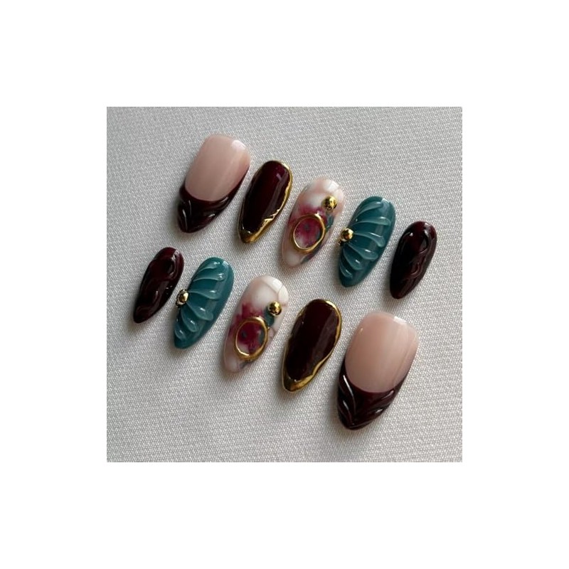 MAGLFELL Uñas Postizas de Gel de Otoño Almendradas de Longitud