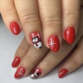 Christmas Press on Nails Medium Almond Fake Nails with Cute Penguin Design White Snowflake Glue on Nails Glossy Red False Nails Xmas Holiday Winter Stick on Nails for Women Manicure 24Pcs