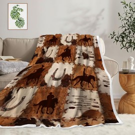 Dtekoj Western Cowboy Fleece Throw Blanket, Retro Farmhouse Cow Sherpa Blanket West Country Cow Print Blanket for Bed Brown, Warm Cozy Bedrooms Living Rooms Travel Camping Blanket