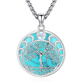 Tree of Life Necklace for Women Men Wiccan Necklaces Pagan Jewelry 925 Sterling Silver Moon Pendant Witch Triple Moon Goddess Necklace Gifts for Mom Grandma Her Turquoise