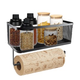 Yomjarl 2 Tier Magnetic Paper Towel Holder Wall Mount for Fridge,Metal Mesh Magnetic Spice Rack with Paper Towel Rack Storage Organizer Refrigerators Shelf,No Drilling Removable for Kitchen,Bathroom