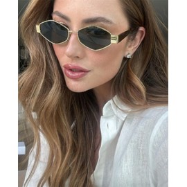 GIFIORE Hexagon Sunglasses for Women Men Vintage Gold Geometric Shades in Metal Frame (Gold Frame Green Lens)