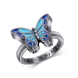 Ynnee Butterfly Urn Ring for Ashes 925 Sterling Silver Black Cremation Ring for Loved Ones Ashes Always in My Heart Memorial Keepsake Jewelry for Women, Size 6