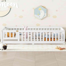 ATY Twin Size Floor Bed with Door and Wood Slat Support, Solid Wood Bedframe for Kids, Toddlers, Easy Assemble & No Box Spring Needed, White