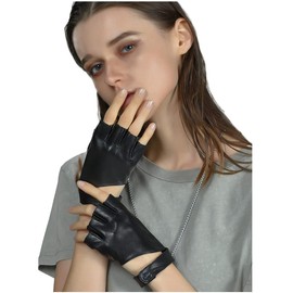 FIORETTO Womens Fingerless Leather Gloves for Driving Motorcycle Unlined Half Finger Punk Gloves Black Large