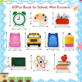 60PCS Back to School Erasers Bulk for Kids Mini School Bus Schoolbag Alarm Pencil Blackboard Eraser for Student Classroom Prizes Stationery Homework Rewards Supplies Party Favors