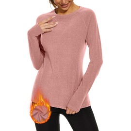 WOWENY Thermal Shirts for Women Base Layer Ultra Soft Fleece Lined Long Sleeve Top Thermal Underwear Winter Cold Weather(Pink,Small)