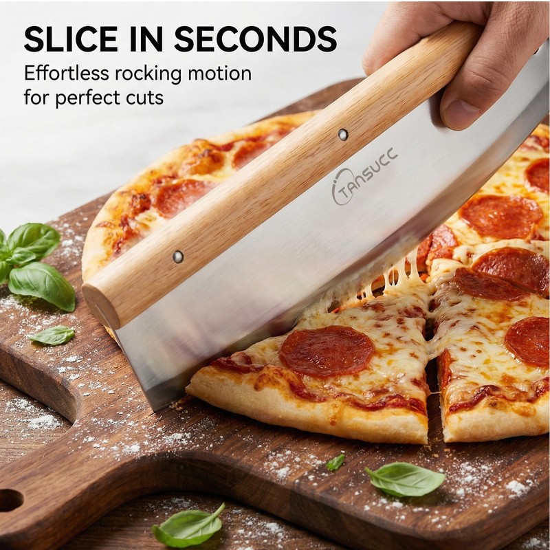 12 Inch Stainless Steel Pizza Cutter Rocker Blade, Rubberwood Handle