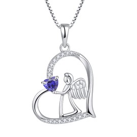 FJ Heart Guardian Angel Necklace 925 Sterling Silver Angel Wing Pendant Tanzanite Necklace December Birthstone Jewelry Gifts for Women