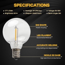 Seentech 25 Pack G40 Replacement LED Light Bulbs E12 Candelabra Base 1Watt to Equivalent to 5 Watt Warm White 2700K Choice for Warm, Globe String Lights & Home Decor