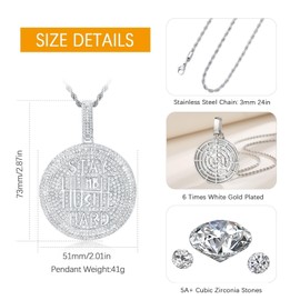 Cysnuc Iced Out Circle Chain Pendant Necklace for Men Women 14K White Gold Plated Bling CZ Diamond Round Coin Encourage Charm with 3mm 24" Rope Chain Hip Hop Fashion Jewelry (White)