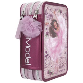 Depesche 11231 TOPModel - Filled 3-Compartment Pencil Case in Ballet Design, Pink Pencil Case Approx. 7.5 x 12.5 x 20 cm, with Felt and Coloured Pencils, Ruler, Scissors, Glue, etc.