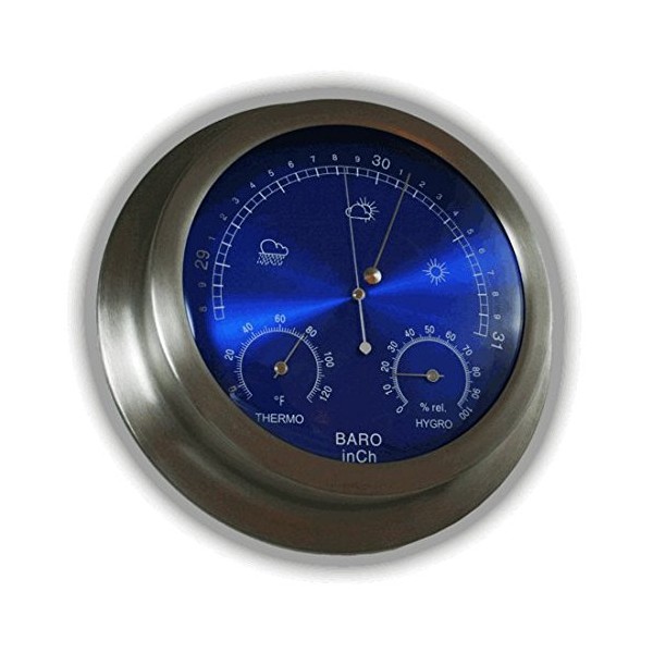 Ambient Weather WS-228TBH 9" Brushed Aluminum Contemporary Barometer with Temperature and Humidity, Metallic Radiant Blue