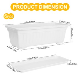 OSMOFUZE 6 Packs Window Box Planter, 17 Inches Flower Window Box Rectangular Plastic Vegetable Planters with Trays for Windowsill, Patio, Garden, Balcony, Porch White