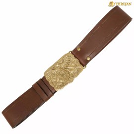 Mythrojan Medieval Leather Belt for Renaissance with Odin Raven Brass Buckle Plain Brown