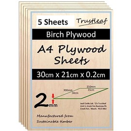 2mm A4 Approx Birch Ply Sheets 210mm x 300mm (Pack of 5) - Birch Veneer with Poplar Core
