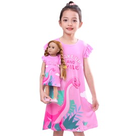 MHJY Girl and Doll Matching Nightgowns Princess Pajamas Flutter Sleeve Night Dresses for Girls and 18" Dolls Clothes,Light Pink