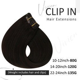 Vivien Remy Clip-In Real Hair Extensions, 120 g, Darkest Brown, 35 cm, Double Wefts, Straight Hair, 7 Pieces, #2