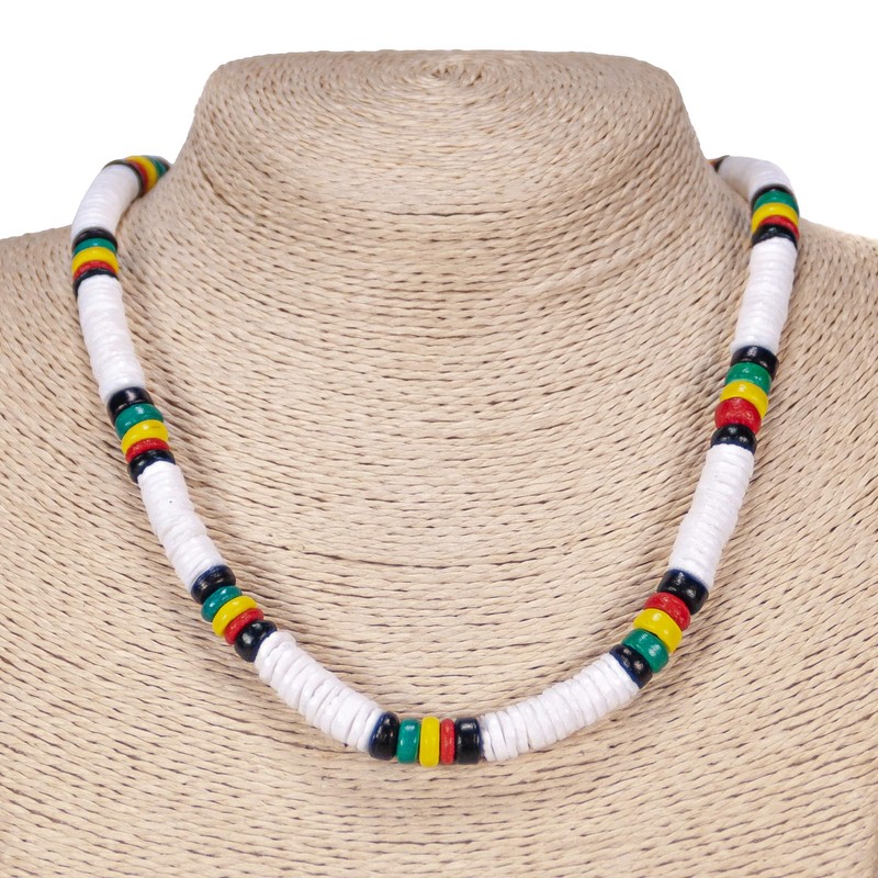BlueRica Puka Shell and Rasta Coconut Shell Beads Necklace (20")