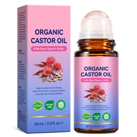 Organic Castor Oil with Rose Quartz Roller, Castor Oil Organic Cold Pressed, Hexane-Free, Moisturizing Oil For Hair/Skin/Scalp/Face/Eyelashes/Eyebrows/Body for All Skin, 60mL/2.0 fl.oz