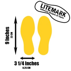 LiteMark Removable Matte Finish Yellow 9 Inch Medium Size Footprint Decal Vinyl Stickers | Great for Floors, Ceilings, Walls, and Most Smooth Surfaces | Pack of 60 Footprints (30 Pairs)