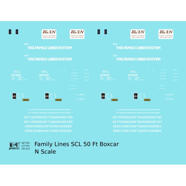 K4 N Scale Decals Family Lines SCL 50 Ft Boxcar