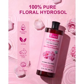 Yoken Pure Rose Water Toner for Face, 32 Fl Oz Bulk, 100% Natural Rosa Damascena Rose Hydrosol, Refreshing Rosewater for Hair, Skin, Aromatherapy, Hydrates & Soothes, Alcohol Free, Chemical Free