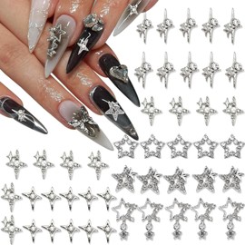 45PCS Star Nail Art Charms Shiny 3D Alloy Charms for Nails 6 Styles Silver Star Nail Charms Bling Nail Rhinestone Crystal Jewelry Y2K Nail Supplies for Women Girls Nail Decorations Manicure DIY Craft