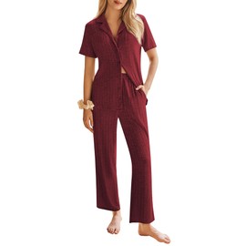 Ekouaer Womens Rib Knit Pajamas Button Up Lounge Sets Short Sleeve Top and Long Pants Matching Pjs Sleepwear Loungewear Sets Wine Red Small