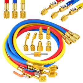 Innconee 10 Pcs AC Manifold Gauge Hose with R410a Mini Split Adapter Tank Adapter Refrigerant Charging Hose for R134a R410a R404a R12 R22 Refrigerants(Bright,2.95 ft)