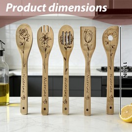 6PCS Bamboo Cooking Spoons,Lightweight & Durable Utensils Set include Unique Bamboo Cooking Spoons Spatulas & Apron,Kitchen Utensils Set Birthday Mothers Day Gifts for Mom,Women（Flower Style）