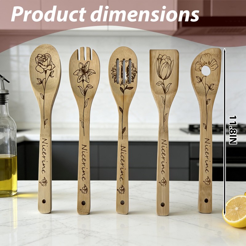 6PCS Bamboo Cooking Spoons,Lightweight & Durable Utensils Set include Unique