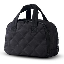 HFLZBRO Travel Toiletry Bag – Lightweight Puffy Makeup Bag for Women, Large Wide-Open Cosmetic Organizer with Dry-Wet Separation, Luggage Strap & Handle for Easy Travel, Gym, Essentials (Black)