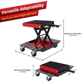 Heavy-Duty Motorcycle Lift with Casters - 1100 lb Capacity Steel Scissor Lift Jack, Wide Deck, Safety Pins, Center Lift Crank Bracket, and Thickened Rubber Pads for Motorcycles and ATVs.