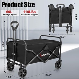 HAOYOO Collapsible Wagon Cart, Foldable Wagon Cart with Wheels, 110lbs Heavy Duty Utility Beach Wagon Cart for Grocery/Sports/Garden/Shopping/Camping