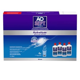 Aosept Plus mit Hydraglyde contact lens care solution, system pack, 4 x 360 ml | Safe disinfection and flawless purity. Free from preservatives