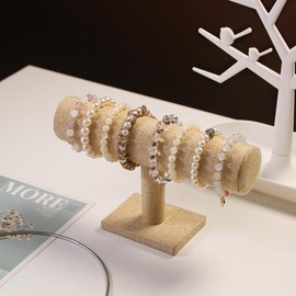 Justsoso T-Bar Bracelet Holder, Natural Linen Bracelet Display Stand For Store Show, Hair Tied Watch Jewelry Organizer Rack For Selling Show (Yellow Linen)