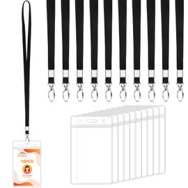 Segus Lanyard Pack of 10, ID Card Case with Strap, Lanyard for Hanging, Transparent Card Case with Lanyard Black, for Business, Trade Fair (Vertical)
