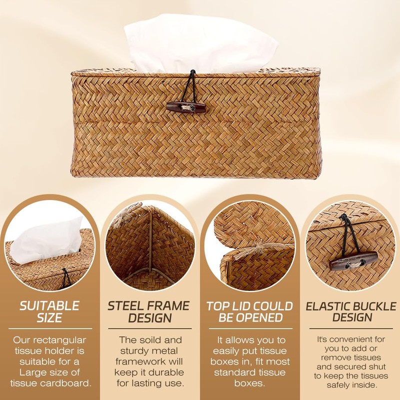 DelSol Tissue Box, Seagrass Woven Facial Tissue Dispenser, Box Cover