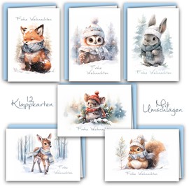 12 Christmas Cards Set Folding Cards with Envelopes A6 Card Cards Envelope Shiny Merry Christmas Xmas Watercolour Forest Animals Deer Fox Rabbit Owl Squirrel Mouse