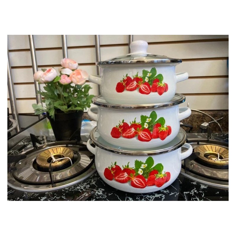 MEGA COOK 6 PC Strawberries Stock Pot Enamel