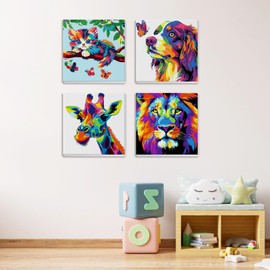 MXJSUA Framed 4 Pack Color Animals Paint by Numbers Kit, DIY Paint by Number Kit for Kids Ages 6-12, Paint by Numbers Kits for Children Beginner, Acrylic Oil Painting for Home Wall Decor (8x8inch)