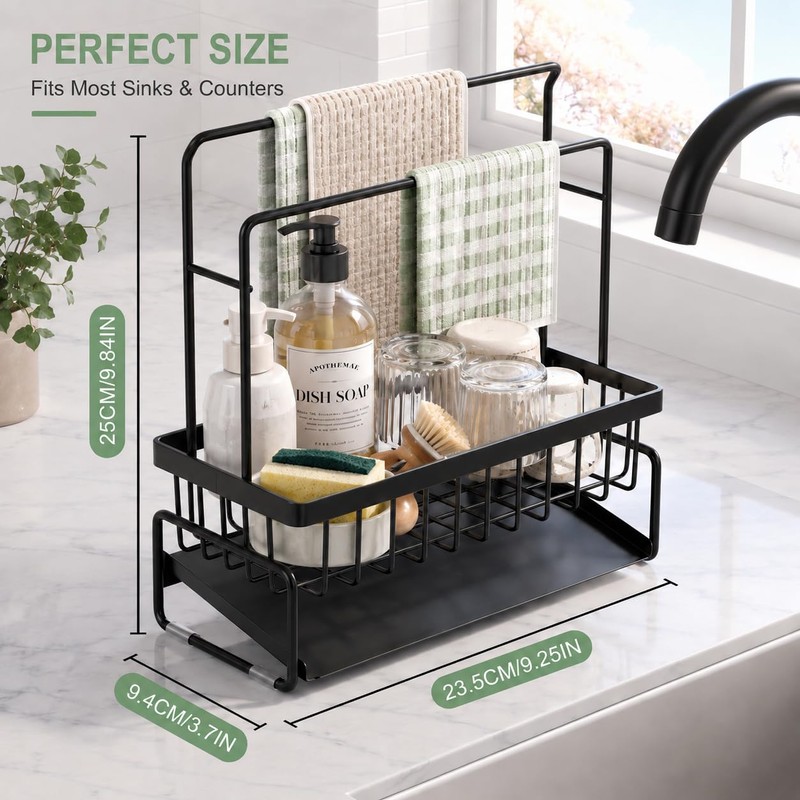 Sponge Holder for Kitchen Sink, Sink Caddy with Towel Bar