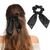 Chic Bow Look Black Hair Scrunchies with White Pearls &