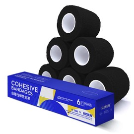 RISEN Cohesive Bandage 2” x 5 Yards, 6 Rolls, Self Adherent Wrap Medical Tape, Adhesive Flexible Breathable First Aid Gauze Ideal for Stretch Athletic, Ankle Sprains & Swelling, Sports(Black)