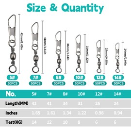 QMLING Pack of 300 Swivel Fishing Swivels with Ball Bearing Swivels, Fishing Swivel Carabiner with Sorting Box, Fishing Accessories 6 Sizes 5# 7# 8# 10# 12# 14#