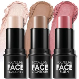 FOCALLURE Kit de 3 Barritas Contorno - Iluminador, Bronceador y Rubor Cremosos, Fórmula No Grasa y Duradera, Ideal para Perfilar y Difuminar con un Ac