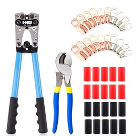 HKS Battery Cable Lug Crimping Tool 10-1 AWG with Cutter, 20 Pcs Copper Ring Terminals & 20 Pcs 3:1 Ratio Adhesive Lined Heat Shrink Tubings - Marine Grade Shrink Wrap