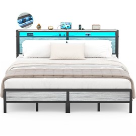 Homieasy King Size Bed Frame with Headboard & LED Lights, Heavy Duty Metal Platform Bed with USB Charging Station, No Box Spring Needed, Industrial Design, Light Oak